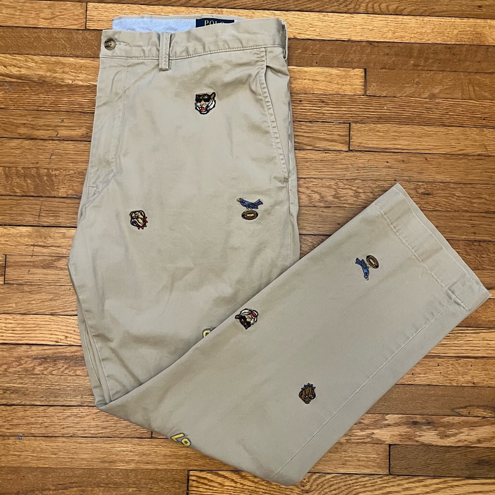 Polo by Ralph Lauren Chino Khaki Pants Stretch Slim Fit 38/30 Letterman Varsity